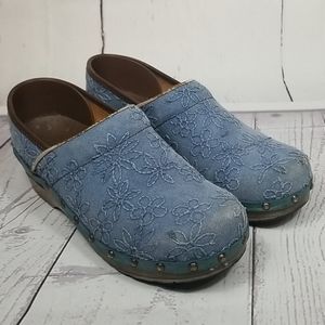 Women's Sanita Clogs Blue Denim Embroidered Floral